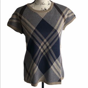 Women’s Wool Geometric Plaid Knit Top Crew Neck Cap Sleeve Beige Navy Size M